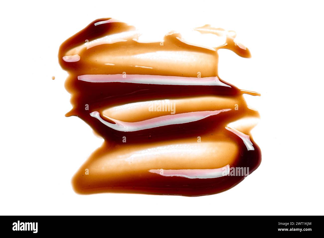 Soy Souse, Teriyaki Sauce, chinese Oyster Sauce or Balsamic Vinegar smudge sample isolated on white background, top view. Texture of brown sauce or ho Stock Photo