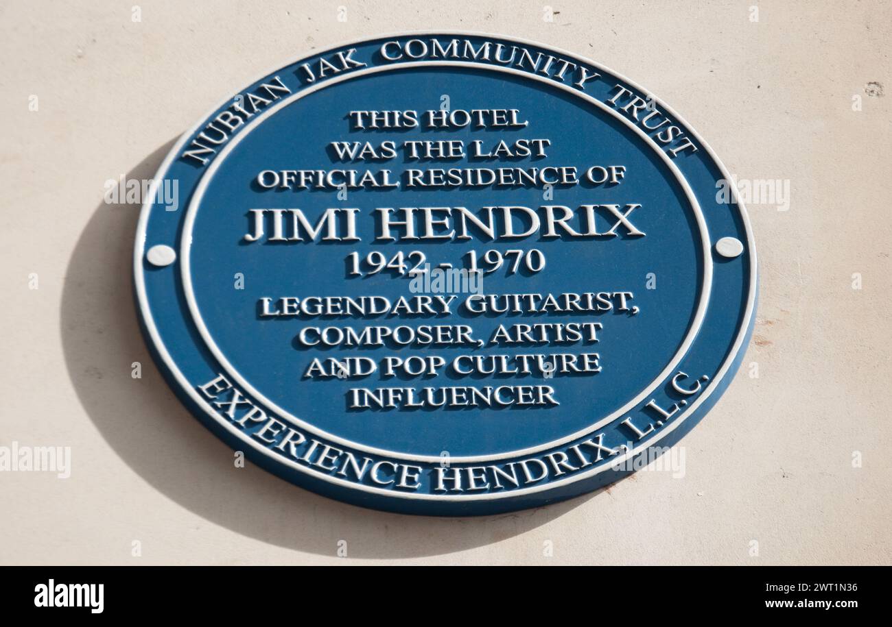 Sign showing that Jimi Hendrix had a room in this hotel (Cumberland Hotel) until his death in 1970), Cumberland Hotel, London, UK Stock Photo