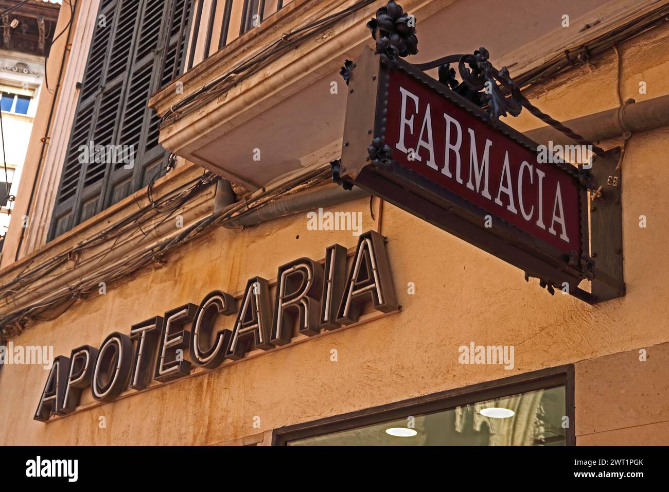 Old fashioned Apotecaria and Farmacia signs, Palma Stock Photo