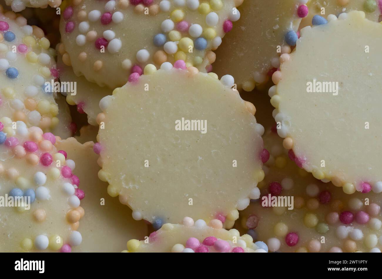 A close up shot of white chocolate jazzies Stock Photo