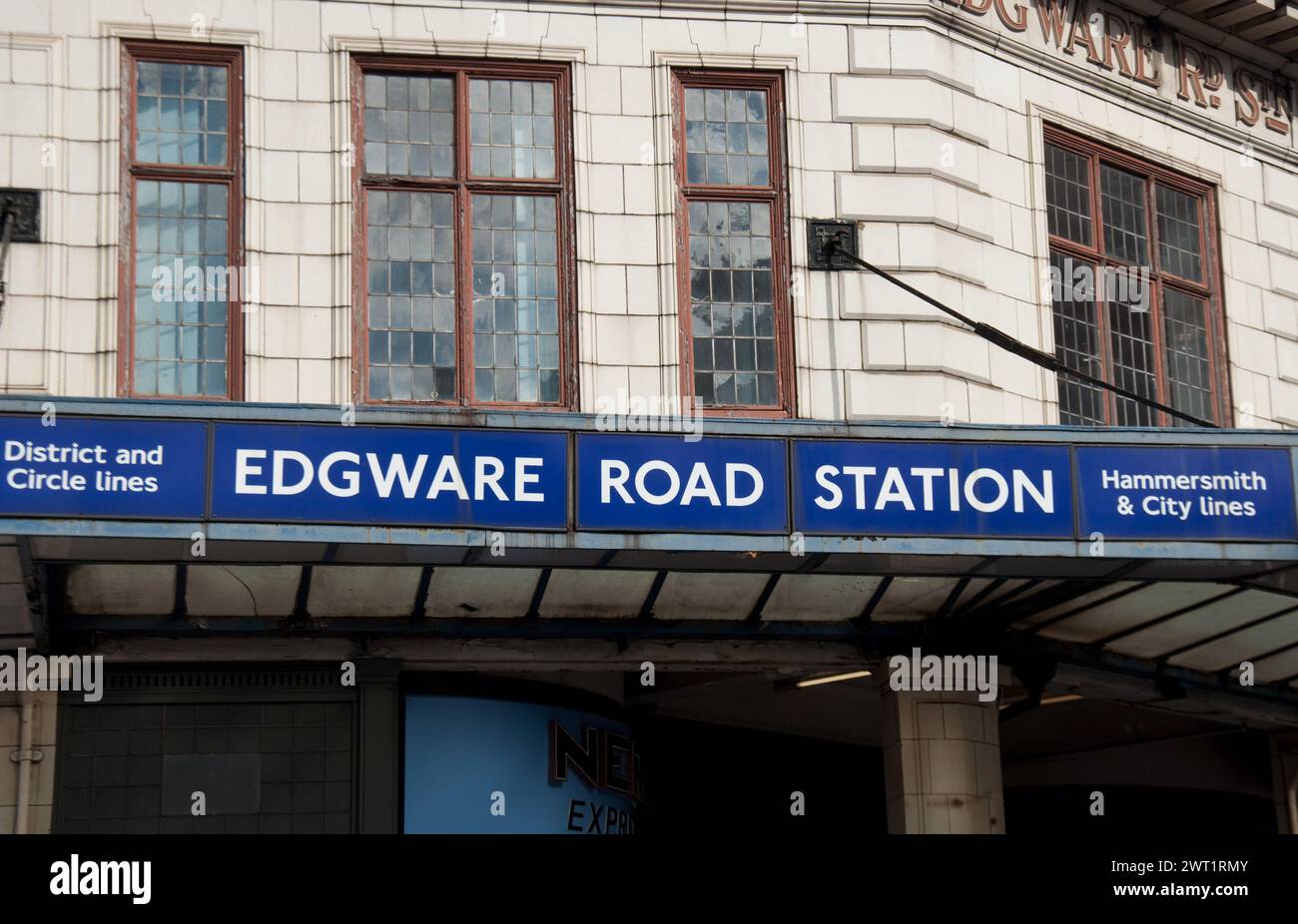 Edgware Road is a London Underground station on the Circle, District and Hammersmith & City lines, located on the corner of Chapel Street and Cabbell Stock Photo