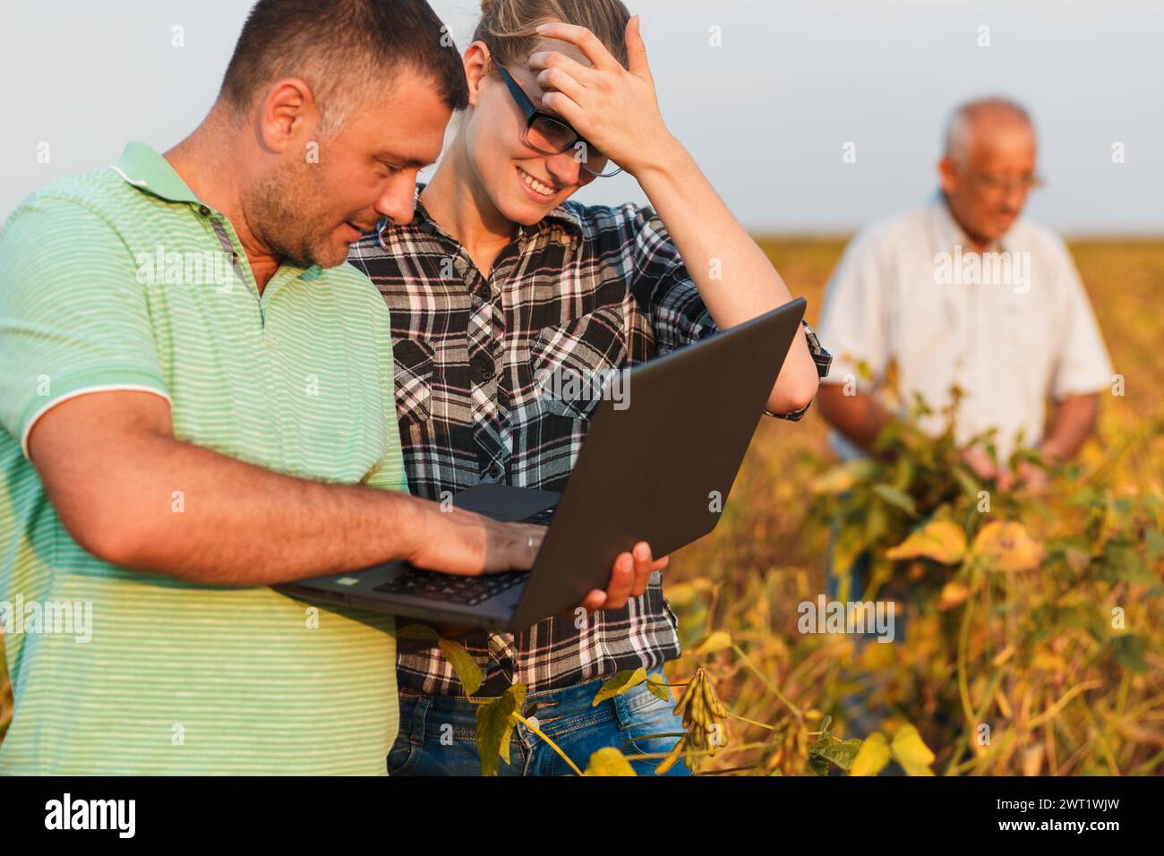 Group of farmers with laptop standing in a field examining soybean crop ...