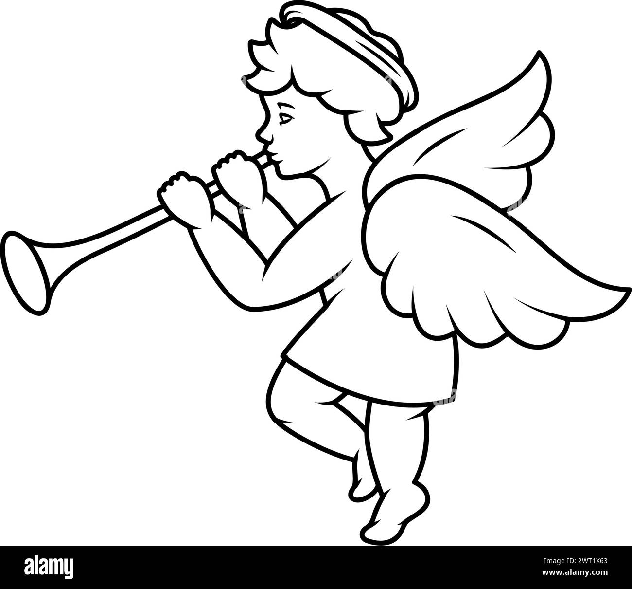 Cherub blowing trumpet. Angel with a wings. Valentine's day. Vector illustration. Stock Vector