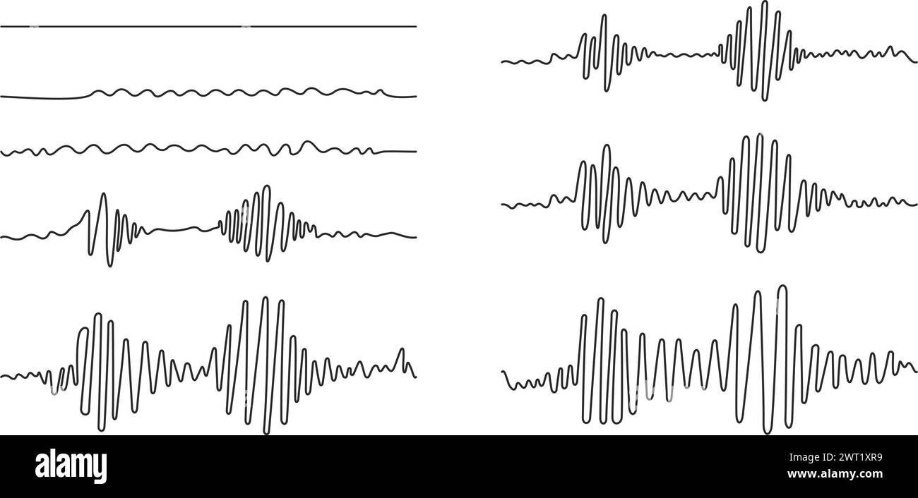 Set sound wave different shape. Continuous one line drawing. Amplitude movement Podcast concept Adjustable black stroke Transparent background. Single Stock Vector