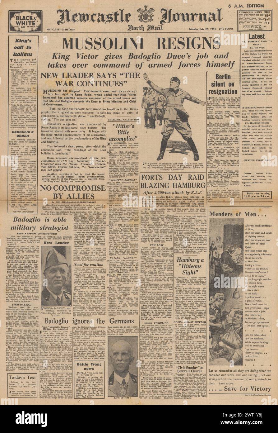 1943 Newcastle Journal front page reporting Mussolini dismissed and Pietro Badoglio is new new Italian Premier Stock Photo