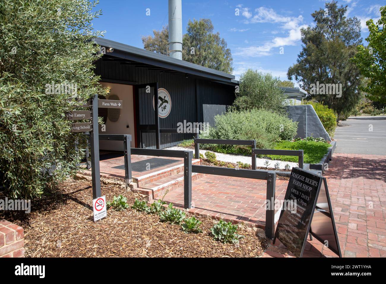 Barossa Valley, Maggie Beer farm shop, eatery and cooking school in Nuriootpa, entrance to the shop and grounds nature walk and dam,South Australia Stock Photo
