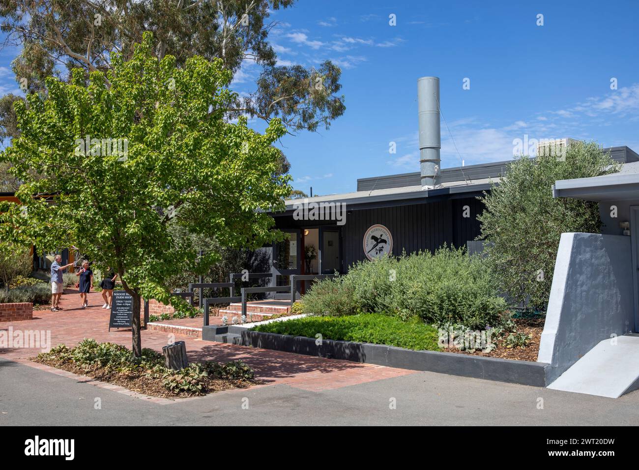 Barossa Valley, Maggie Beer farm shop, eatery and cooking school in Nuriootpa, entrance to the shop and grounds nature walk and dam,South Australia Stock Photo
