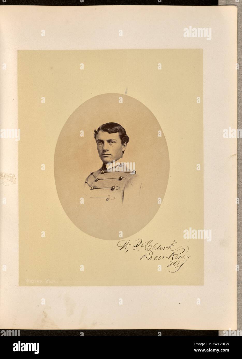 W.P. Clark, Deer River, N.Y.. George Kendall Warren, photographer (American, 1834 - 1884) 1868 Portrait of William Philo Clark dressed in a cadet uniform. He faces the left area of the image, with his gaze directed to the right area. (Recto, mount) lower right, in black ink, in the sitter's hand: 'W.P. Clark / Deer River / N.Y.'; Stock Photo