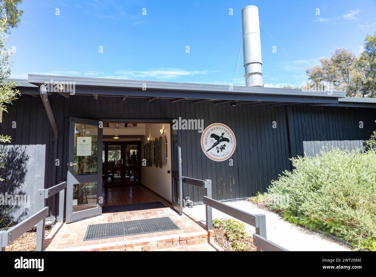 Barossa Valley, Maggie Beer farm shop, eatery and cooking school in Nuriootpa, entrance to the shop and grounds nature walk and dam,South Australia Stock Photo