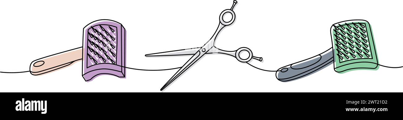 Animal supplies collection. Pet brush, fur remover, scissors for pets grooming continuous one line illustration. Vector linear illustration. Stock Vector