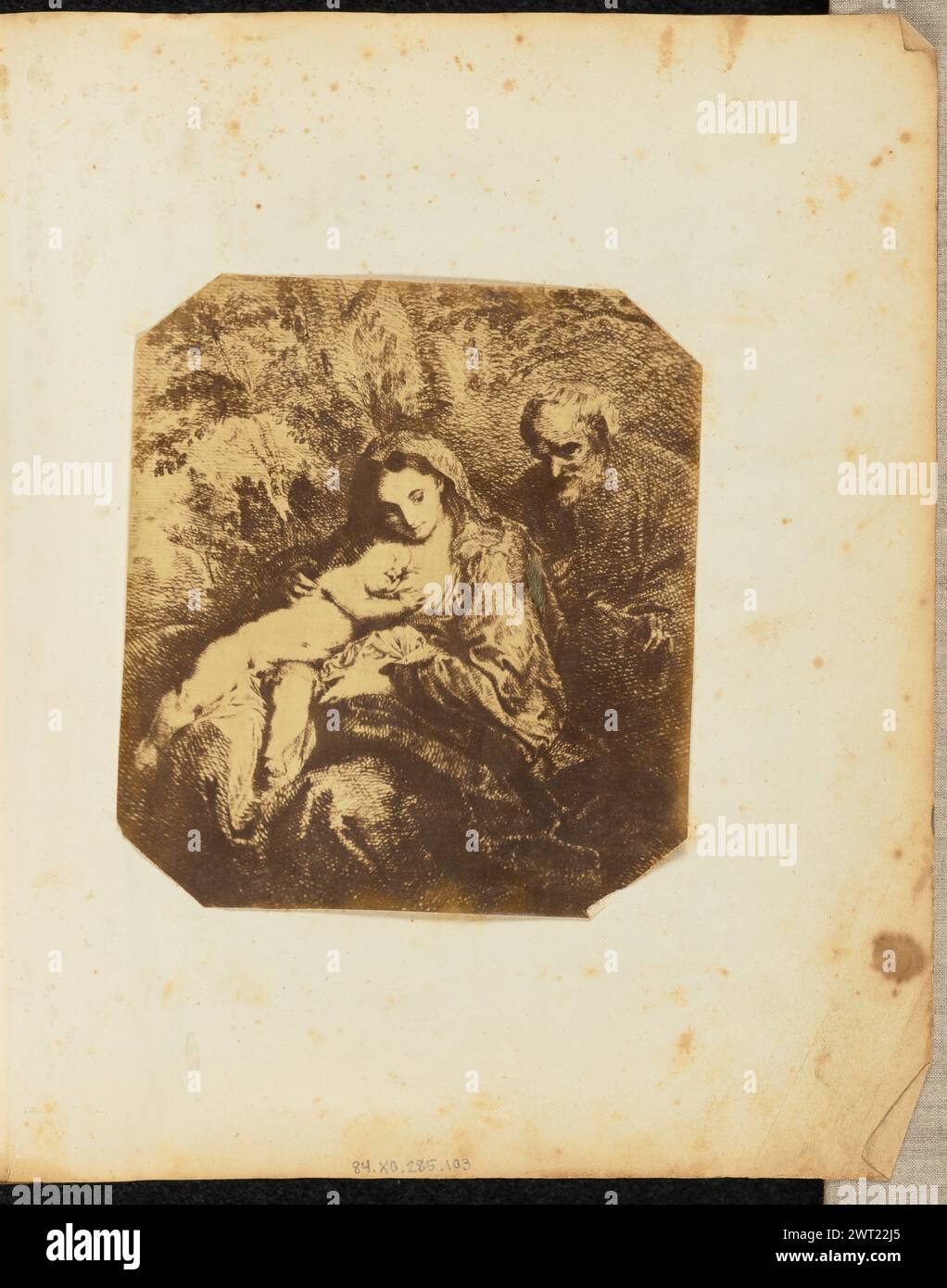 Painting of Madonna nursing Christ child. Jakob Höflinger, photographer (Swiss, 1819 - 1898) about 1853–1860 A photograph of a painting depicting the Madonna nursing the Christ child. A man, possibly Joseph, is kneeling behind her. Stock Photo