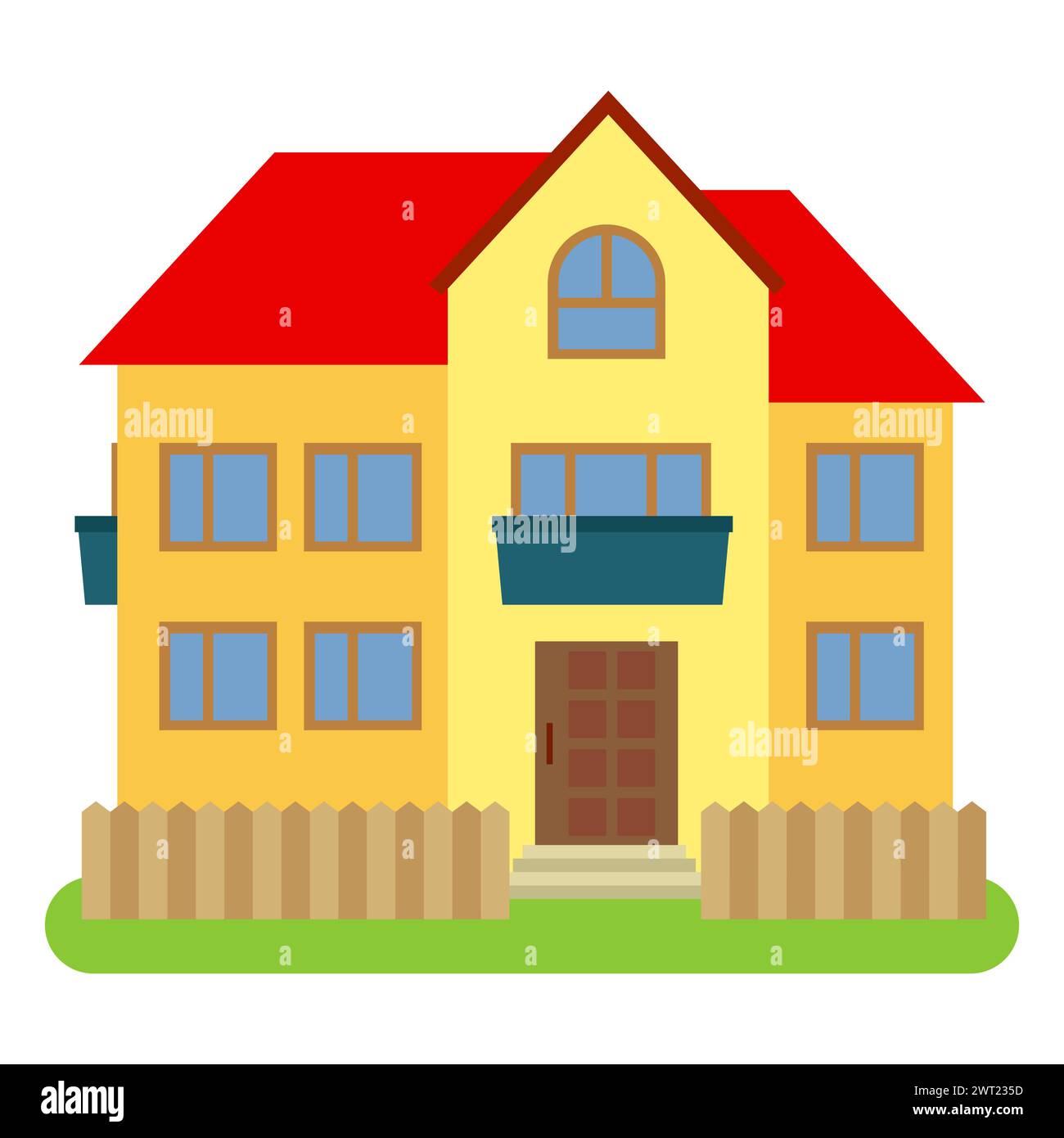 Private house with a red roof and yellow walls on a white background