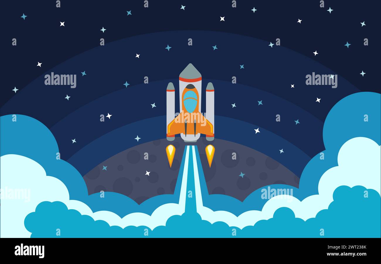 The rocket is removed from the planet. The rocket in space. Space travel. Vector illustration with flying rocket. Stock Vector