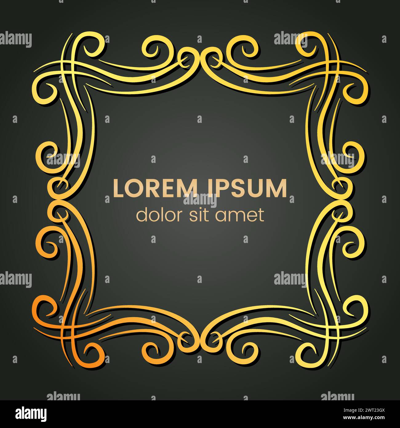 A square golden monogram element on a dark background. Vector illustration. Stock Vector