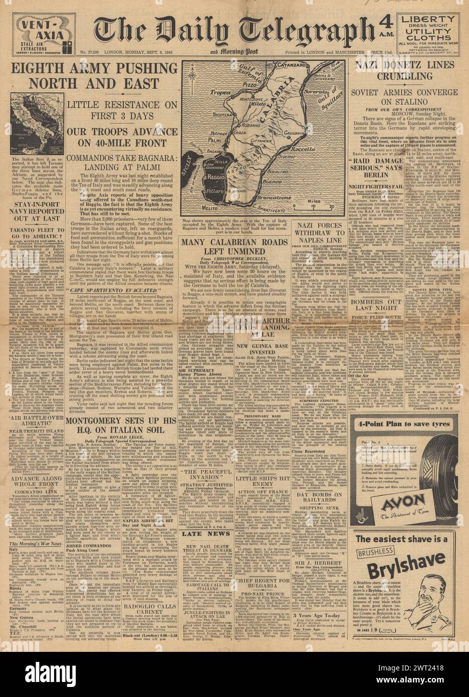 1943 The Daily Telegraph front page reporting Allied invasion of Italy and Red Army advance on Eastern Front Stock Photo