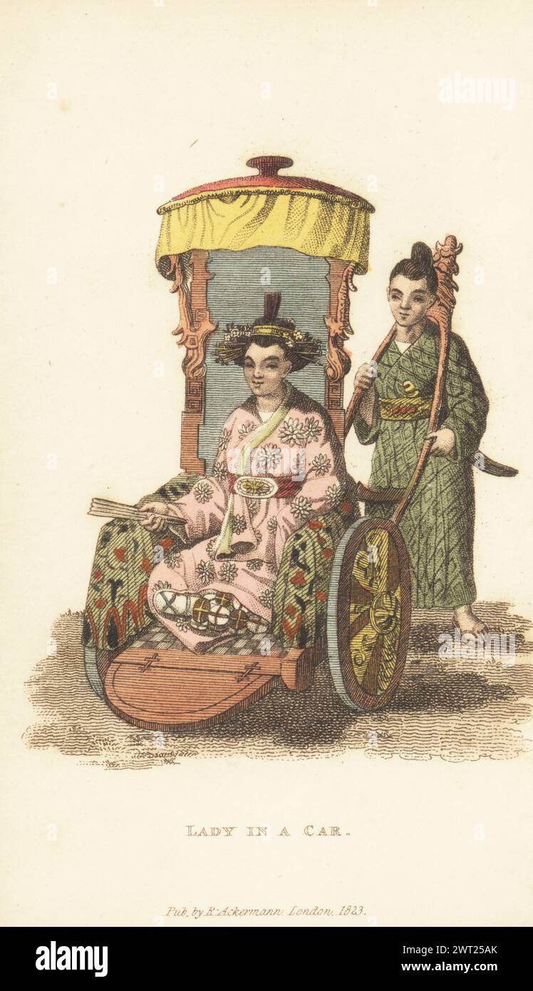 Japanese noblewoman in an ornate, two-wheeled rickshaw with awning and cushions, pushed by a runner from behind. She wears a rich kimono, obi, and kanzashi hairpins in her hair. Lady in a car. After an illustration of the vehicle of a Taikosama, or lady-in-waiting at court in Arnoldus Montanus's Atlas Japannensis, 1670, and copied by Georg Heinrich von Langsdorff. Handcoloured copperplate engraving from Frederic Shoberl’s The World in Miniature, Japan, Rudolph Ackermann, London, 1823. Stock Photo