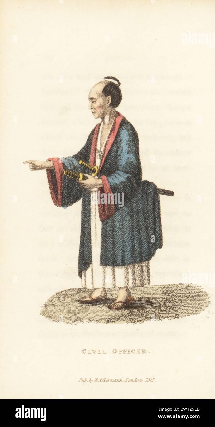 Japanese civil officer. With his hair in chonmage topknot, long haori coat over kimono, two katana swords in his belt, sandals. After an illustration in Arnoldus Montanus's Atlas Japannensis, 1670. Handcoloured copperplate engraving from Frederic Shoberl’s The World in Miniature, Japan, Rudolph Ackermann, London, 1823. Stock Photo