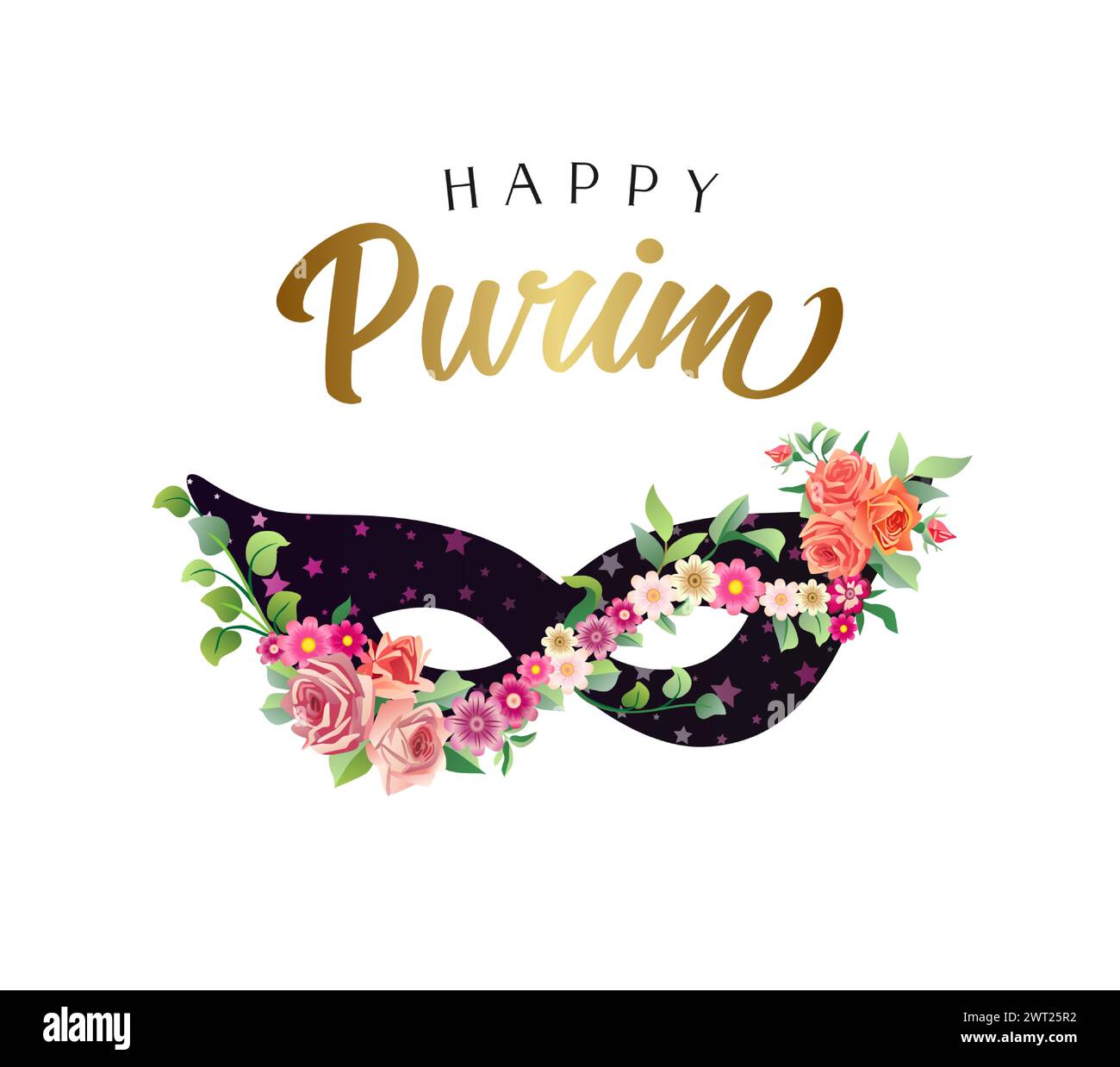 Happy Purim cute greetings. Decorative fsce mask with floral elements. Social media timeline post concept. Postcard design. Gift card template. Stock Vector