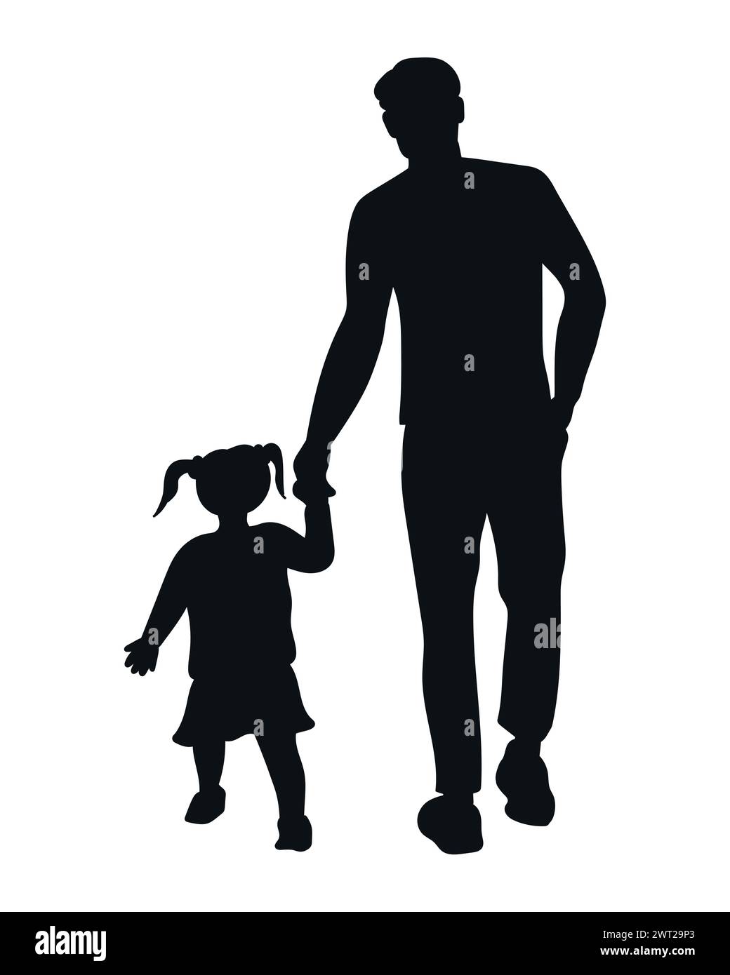 Father walking with a child hand in hand. Dad and daughter silhouette. Fathers Day theme. Vector art Stock Vector