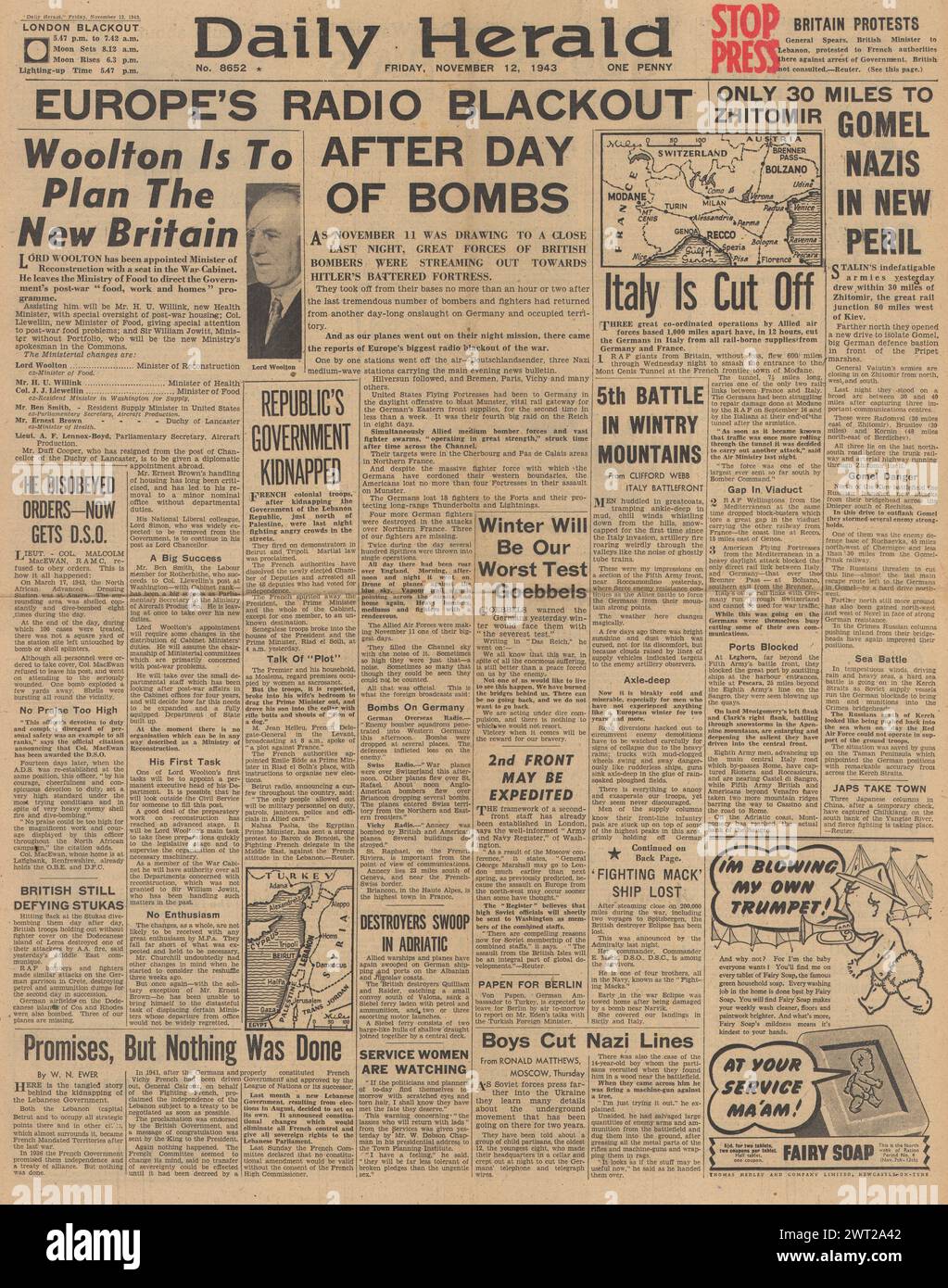 1943 Daily Herald front page reporting Cabinet reshuffle, Lord Woolton becomes Minister for Reconstruction and heavy Allied bombing raid on Modane Stock Photo
