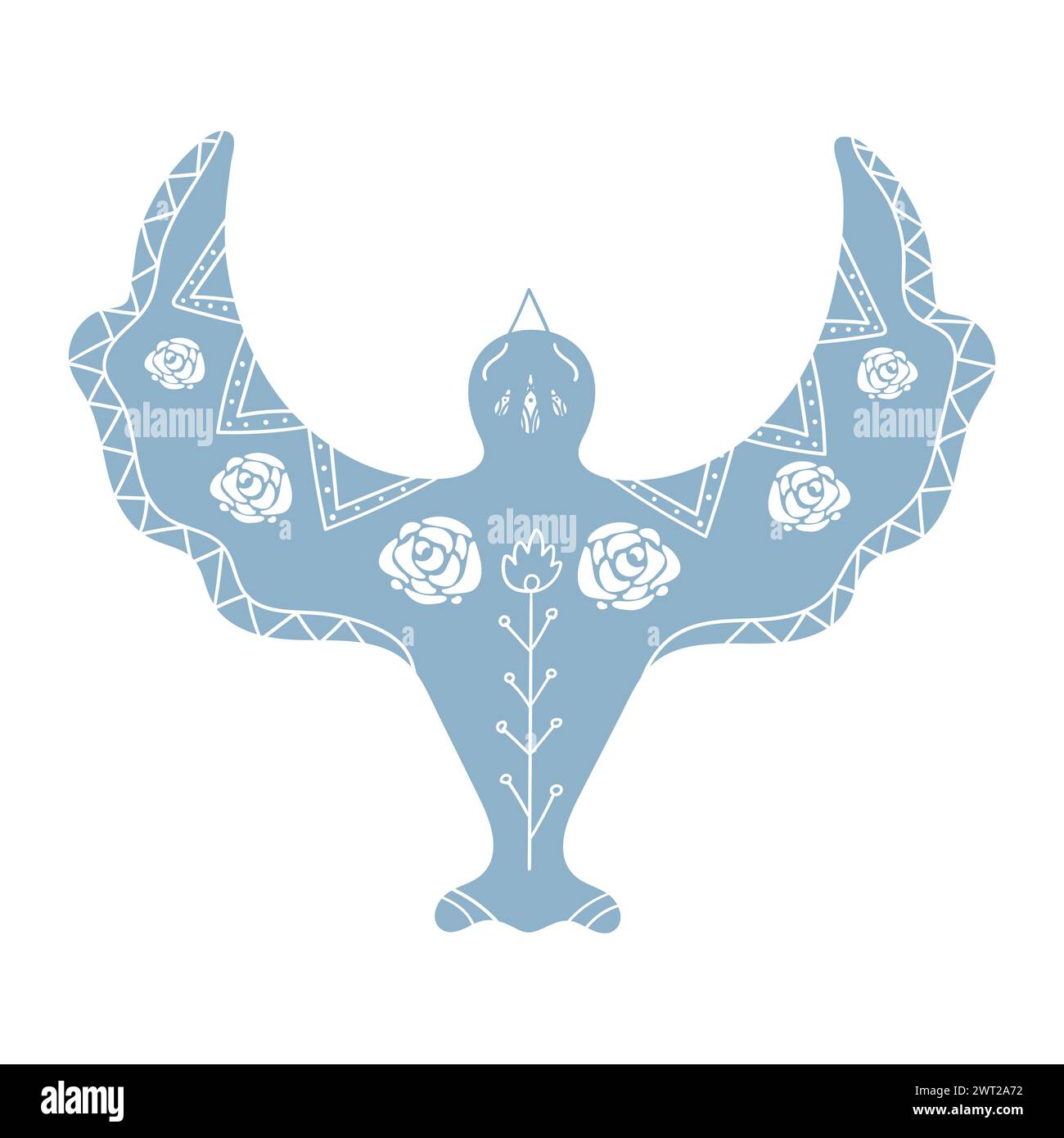 Hand drawn dove silhouette decorated with white ornament and floral arrangement. Bird drawing in boho style. Vector illustration Stock Vector