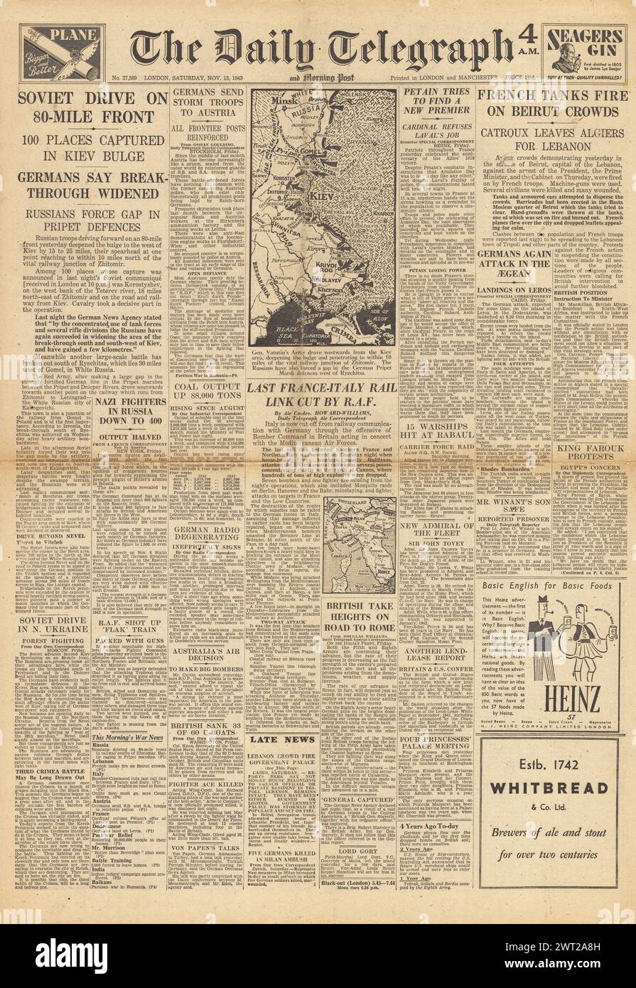 1943 The Daily Telegraph front page reporting Red Army advance on Zhitomir, Civil unrest in Lebanon and Allied bombing raids on Italian French border Stock Photo
