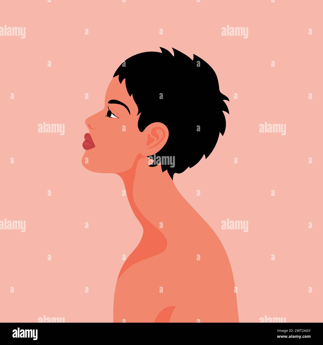 Beautiful woman portrait.  Profile of a young female with short black hair. Vector illustration Stock Vector