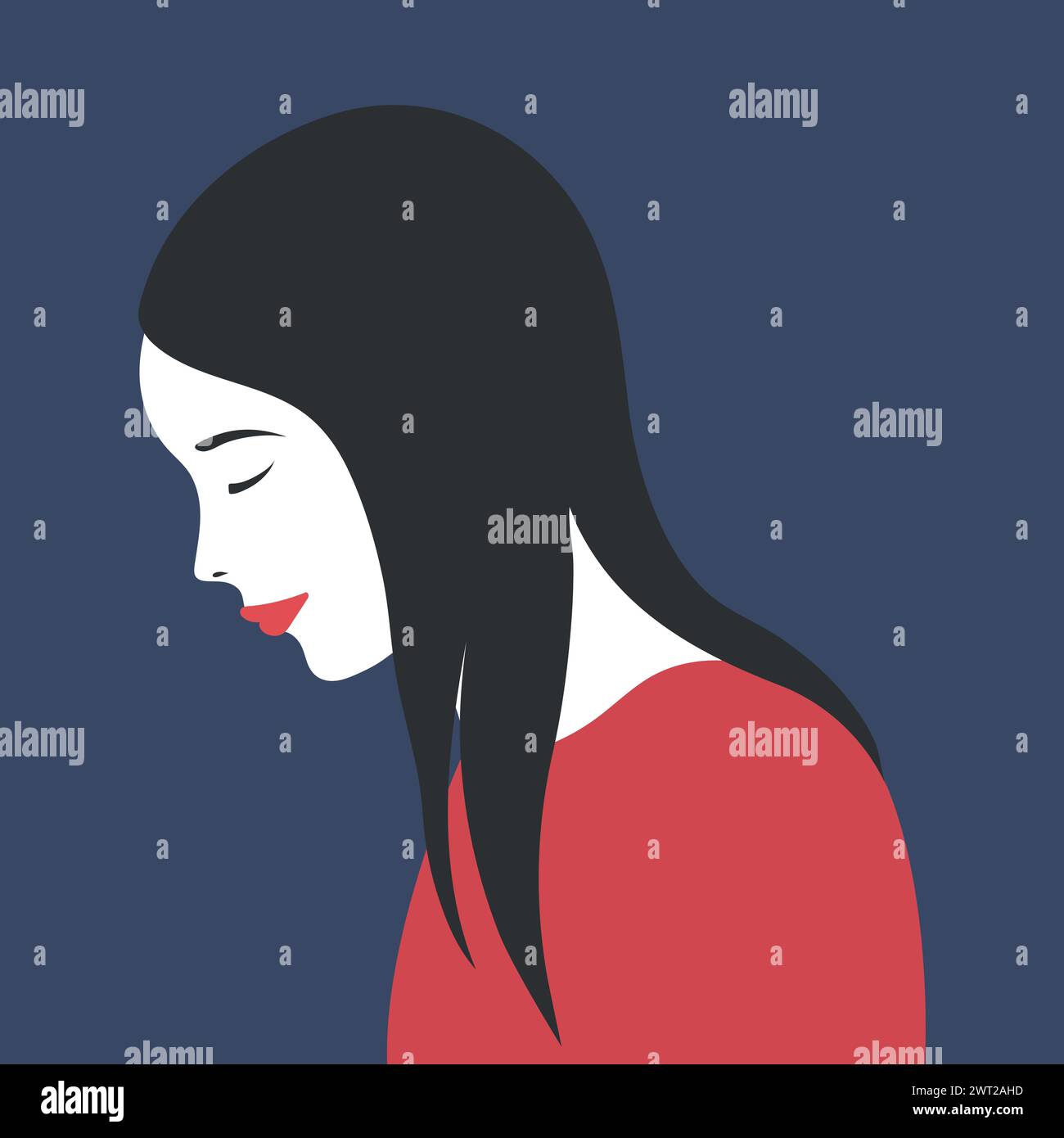 Portrait of sad young woman. A sad female stands with his head down. Vector illustration Stock Vector