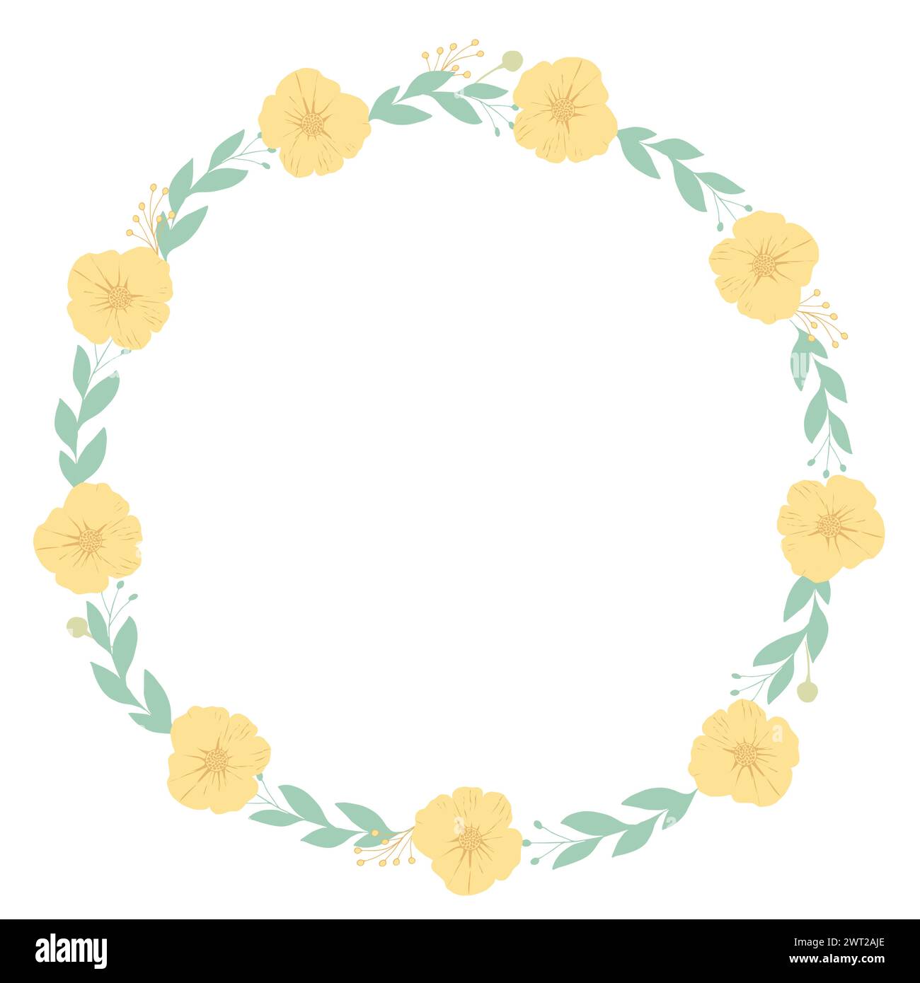Round floral frame with yellow flowers. Botanical template. Vector illustration Stock Vector