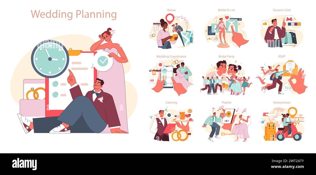 Wedding Planning set. Bride and groom navigating matrimonial preparations. Venue choice, bridal gown selection, RSVPs. Celebratory mood with cheerful friends. Flat vector illustration. Stock Vector