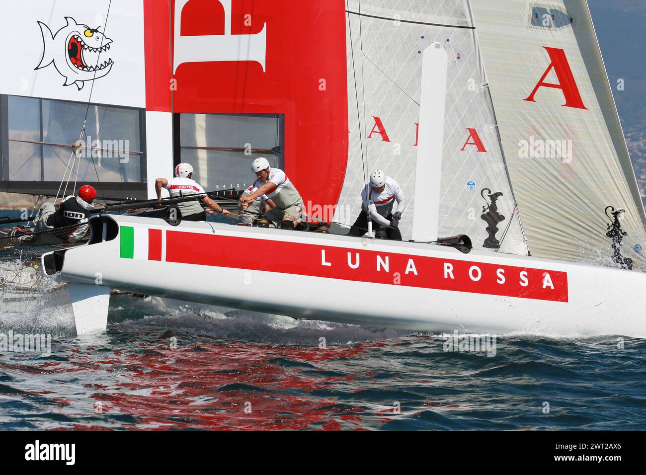Boat of the Prada team Luna Rossa, competing for the America's cup, in the Gulf of Naples Stock Photo