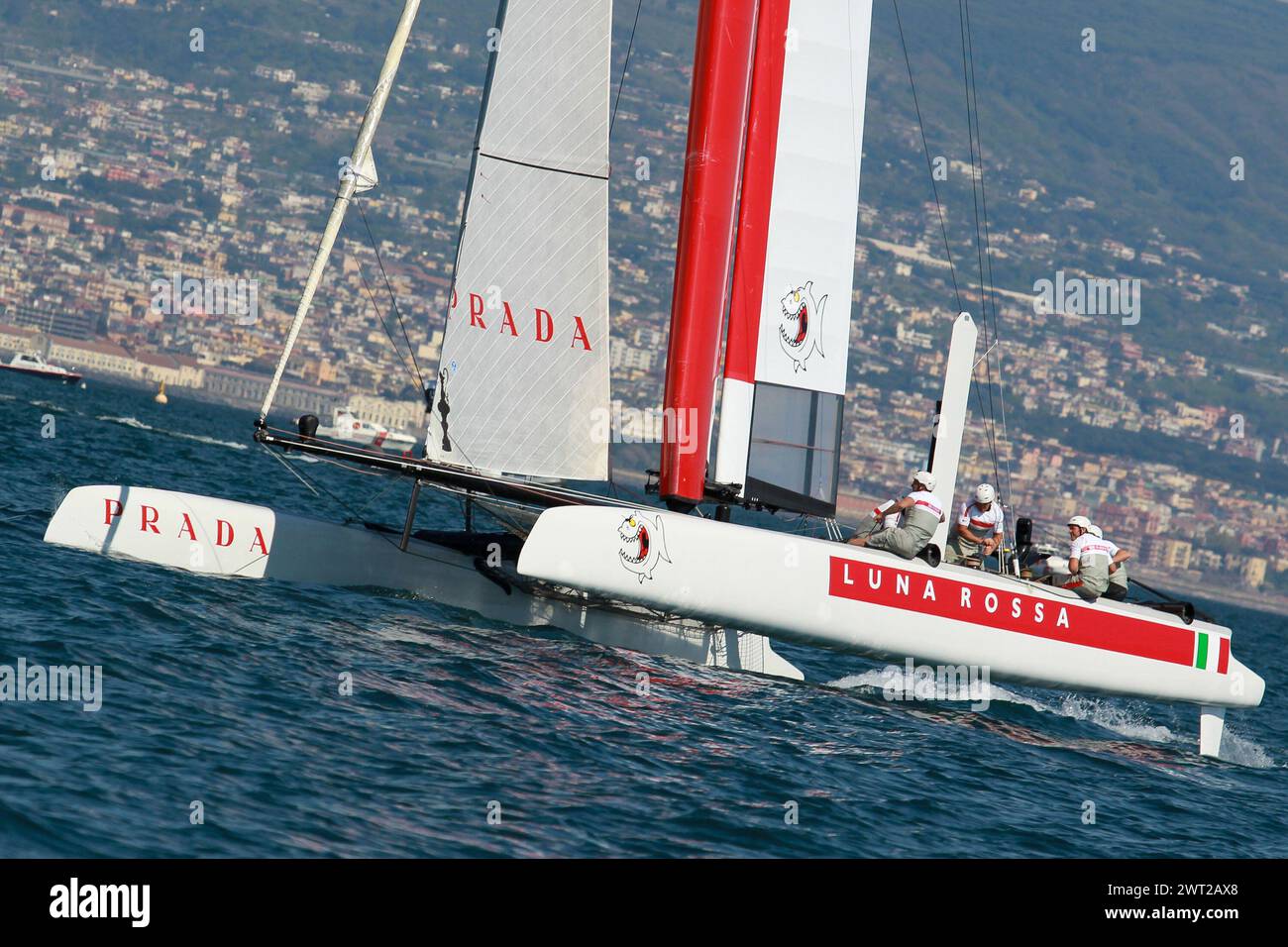Boat of the Prada team Luna Rossa, competing for the America's cup, in the Gulf of Naples Stock Photo