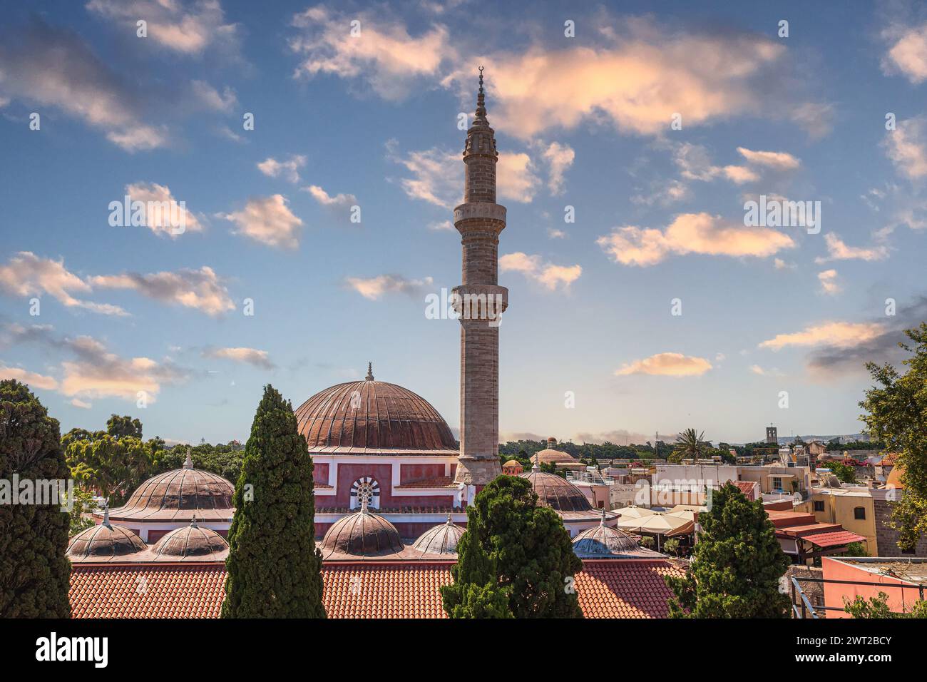 Aerial view of the Suleymaniye Mosque or the Mosque of Suleiman, a former mosque in the old city of Rhodes, Greece. It was originally built after the Stock Photo
