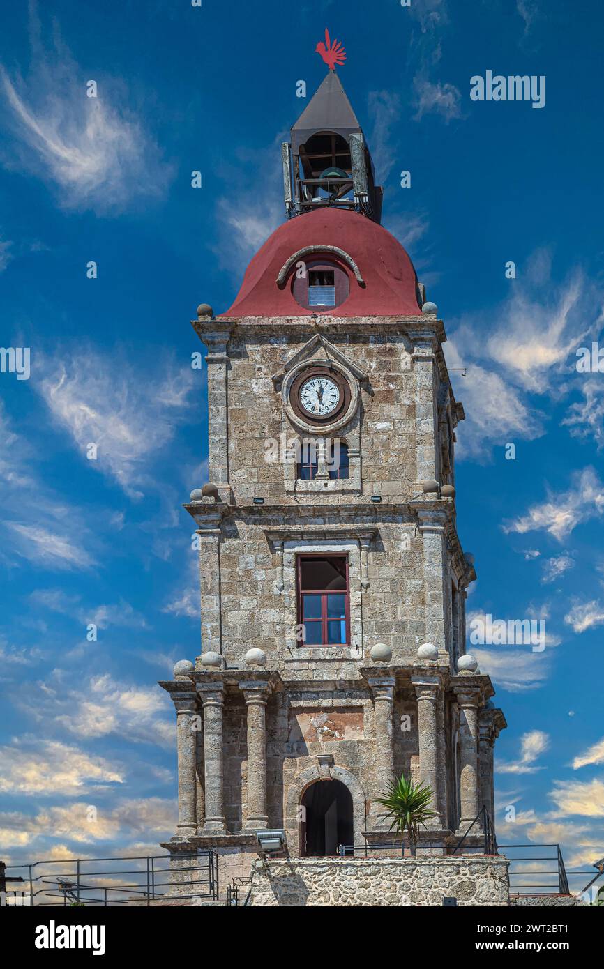The medieval Roloi Clock Tower, Rhodes, Greece, highest landmark in Old Town. Built in the VII th, damaged in the 1850s and rebuilt. In previous times Stock Photo