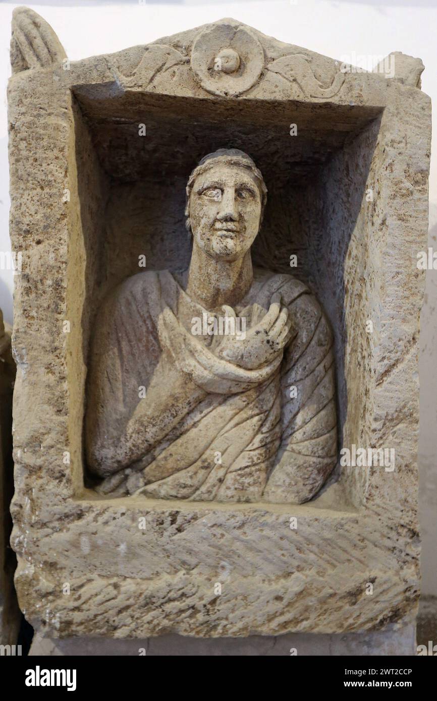 Ancient Roman marble sculptures in the courtyard of the Campano museum