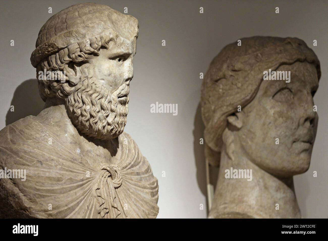 Ancient roman marble sculptures in a hall of the Campano museum of