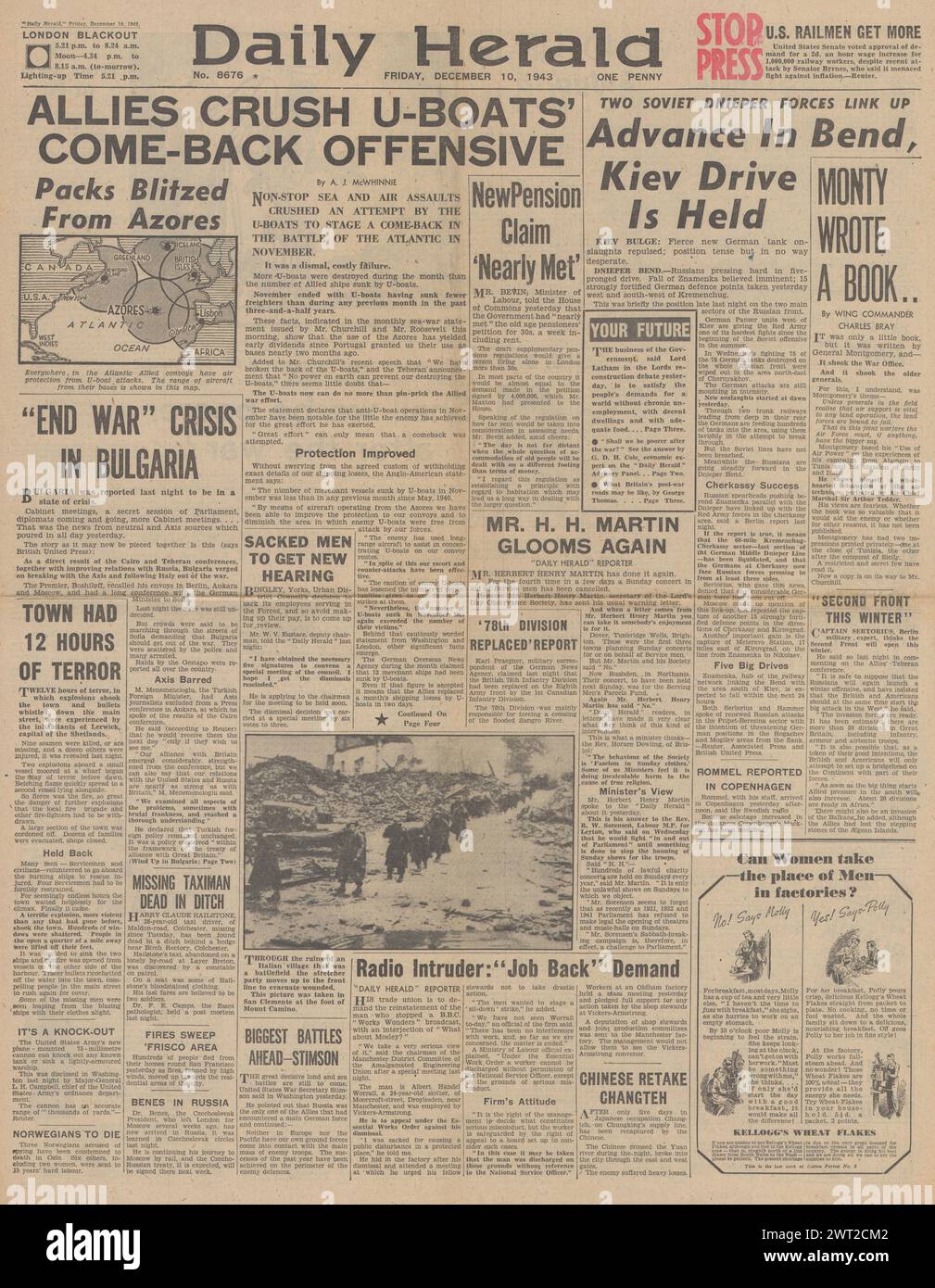 1943 Daily Herald front page reporting Red Army battle for Kiev, U Boat war and Crisis in Bulgaria Stock Photo