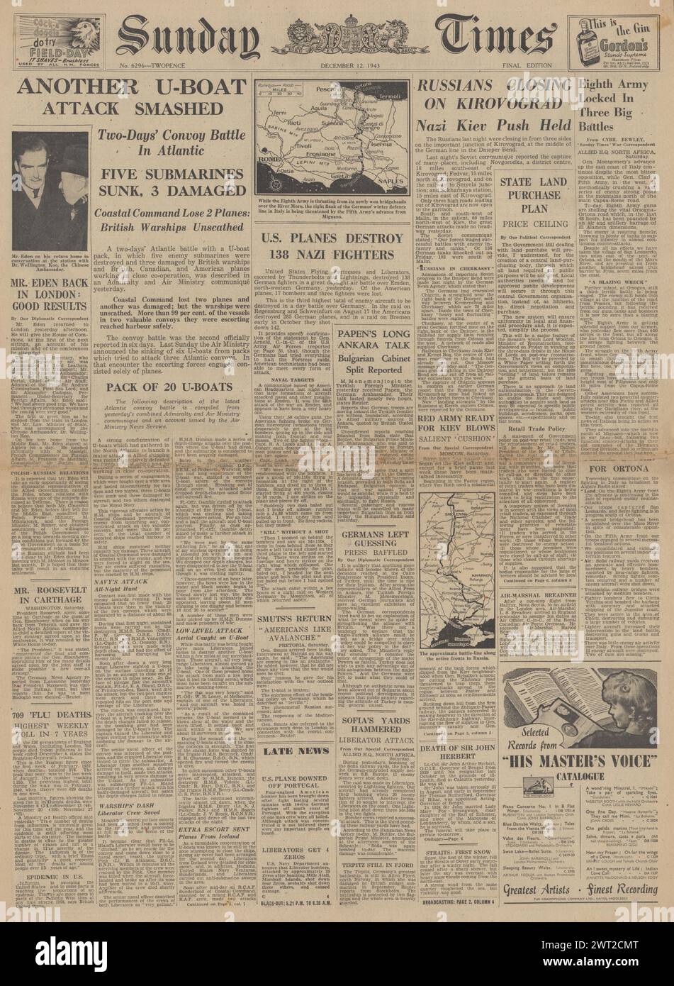 1943 Sunday Times front page reporting Allies advance to Rome, Battle for Kiev and U Boat war Stock Photo
