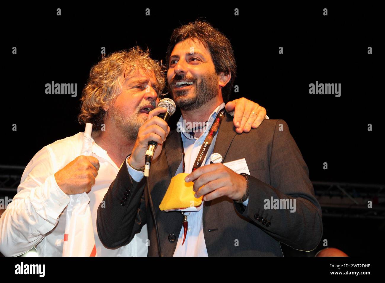 Roberto Fico and Beppe Grillo, leaders of the italian political Movement 5 Stars, during a meeting in Naples Stock Photo