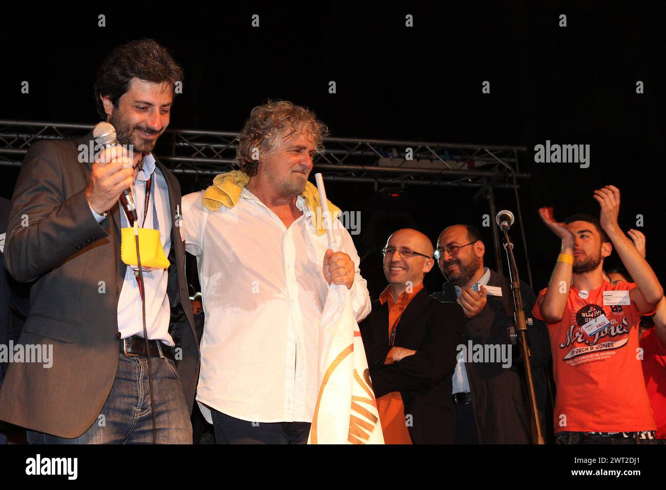 Roberto Fico and Beppe Grillo, leaders of the italian political Movement 5 Stars, during a meeting in Naples Stock Photo