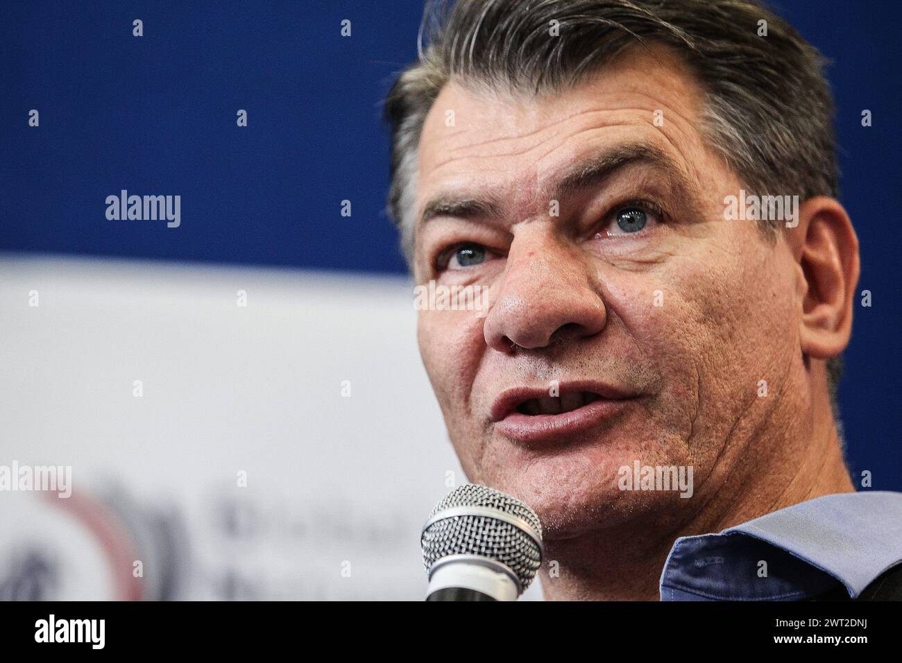 Paolo Nespoli, a famous italian astronaut, during a press conference Stock Photo