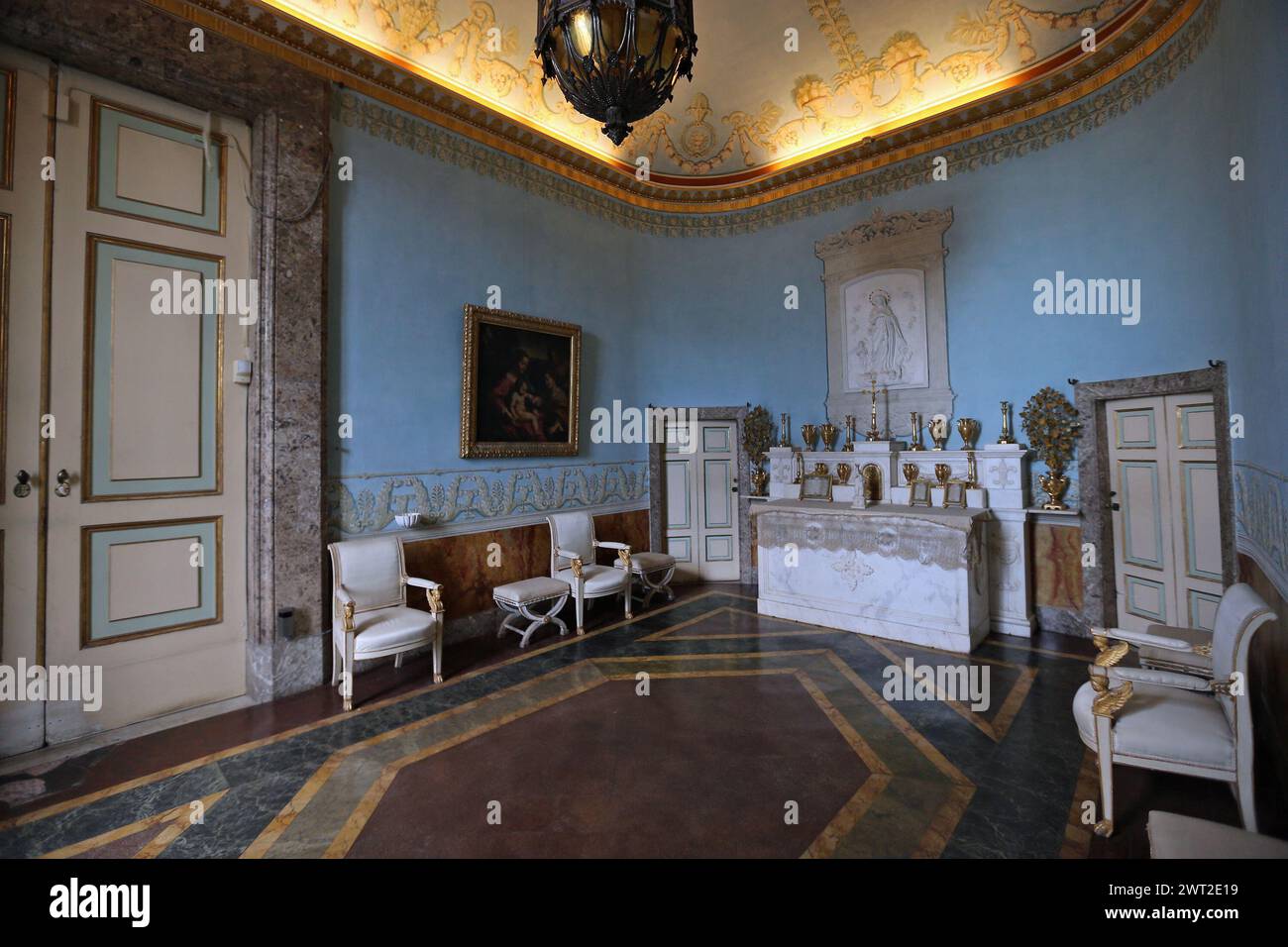 The private chapel in one of the rooms in the royal apartments inside the Royal Palace of Caserta Stock Photo