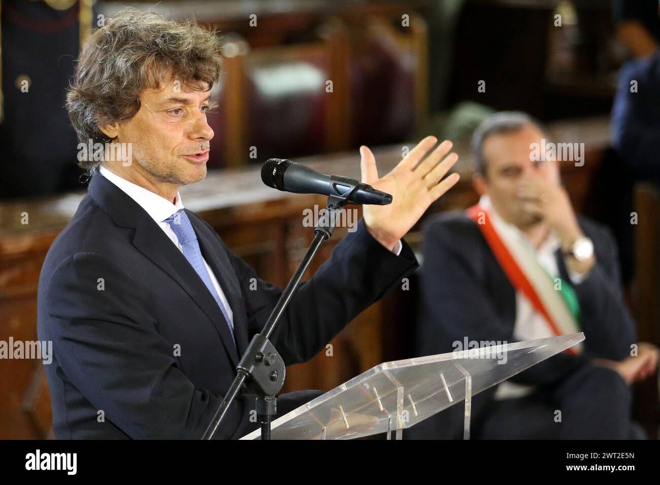The Italian television host and scientific communicator, Alberto Angela, during the ceremony for the conferment of honorary citizenship of Naples Stock Photo