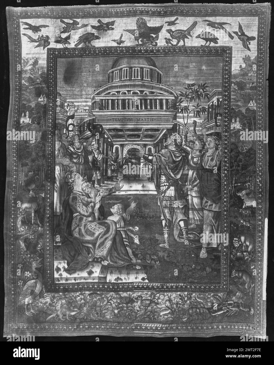 Octavian closes gates of temple of Mars (Ares). Mander, Karel van II (Flemish, ca.1579-1623) (author of design, attr.) [painter] c. 1560 Tapestry Dimensions: H 405 x W 328 cm Tapestry Materials/Techniques: wool & silk Culture: Flemish Weaving Center: Brussels Ownership History: Inventory of Carlos III (1788). Inventory of Fernando VII (1834). Inventory of 'Las Tapicerías de la Corona' (1880). Spain, Madrid, Embajada de España (Lisbon), accno. A.354-11891. Inscriptions: Weaver mark on right guard, bottom [partially visible in photograph] Inscriptions: Inscription in central field, on entablatur Stock Photo