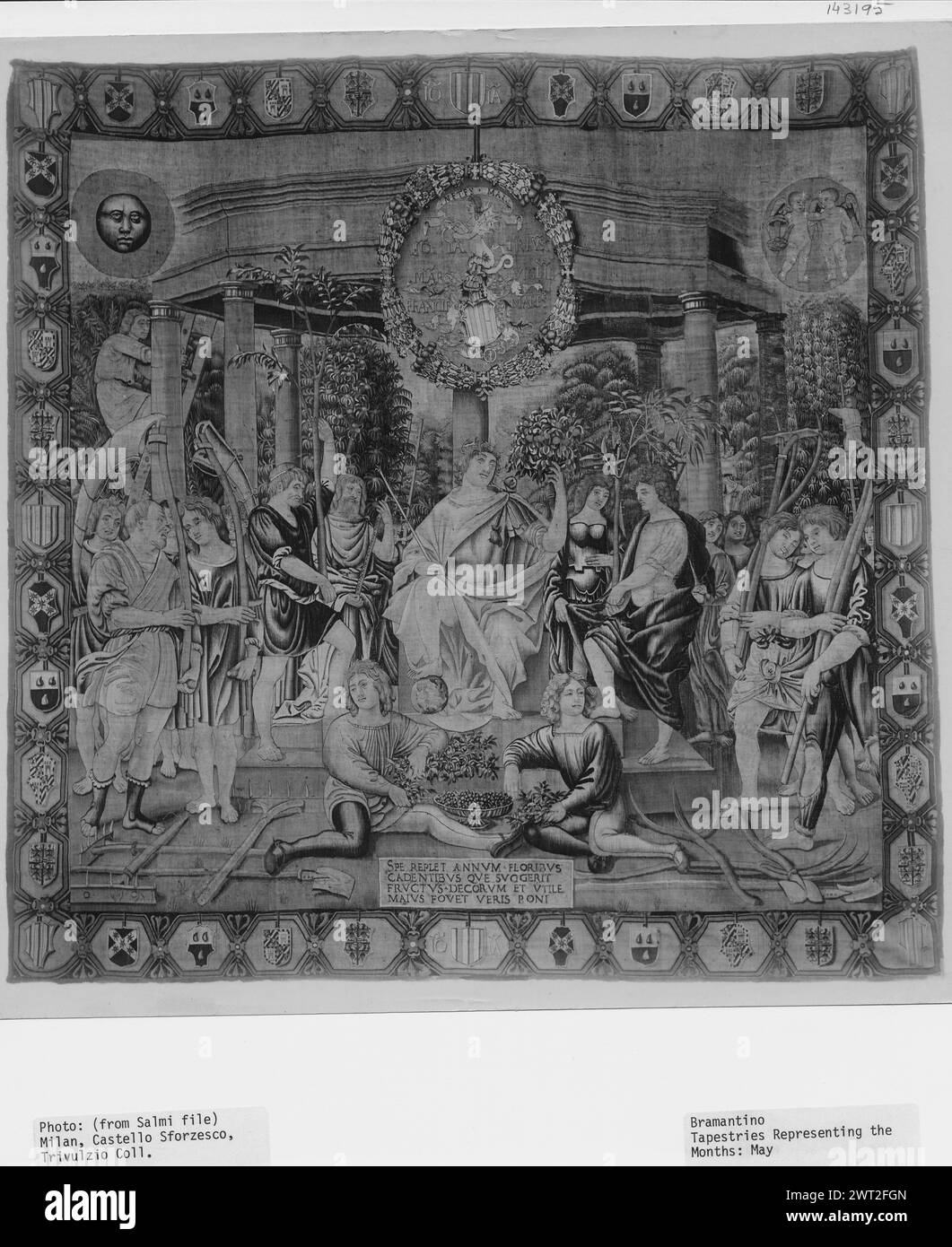 May. Bramantino (Italian, ca.1465-1530) (author of design, attr.) [painter] Benedetto da Milano (Italian, act. ca.1503) (workshop) [weaver] c. 1501-1507 Tapestry Dimensions: H 4.85-5.20 x W 4.55-485 m Tapestry Materials/Techniques: unknown Culture: Italian Weaving Center: , LombardyVigevano Ownership History: Commissioned by Gian Giacomo Trivulzio (1436-1518). Italy, Lombardy, Milano, Milan, Castello sforzesco, Civiche raccolte d'arte antica. Inscriptions: Inscription in lower central field, lower center: SPE REPLET ANNVM FLORIBVS / CADENTIBVS QVE SVOGERIT / FRVCTVS DECORVM ET VTILE / MAIVS FO Stock Photo