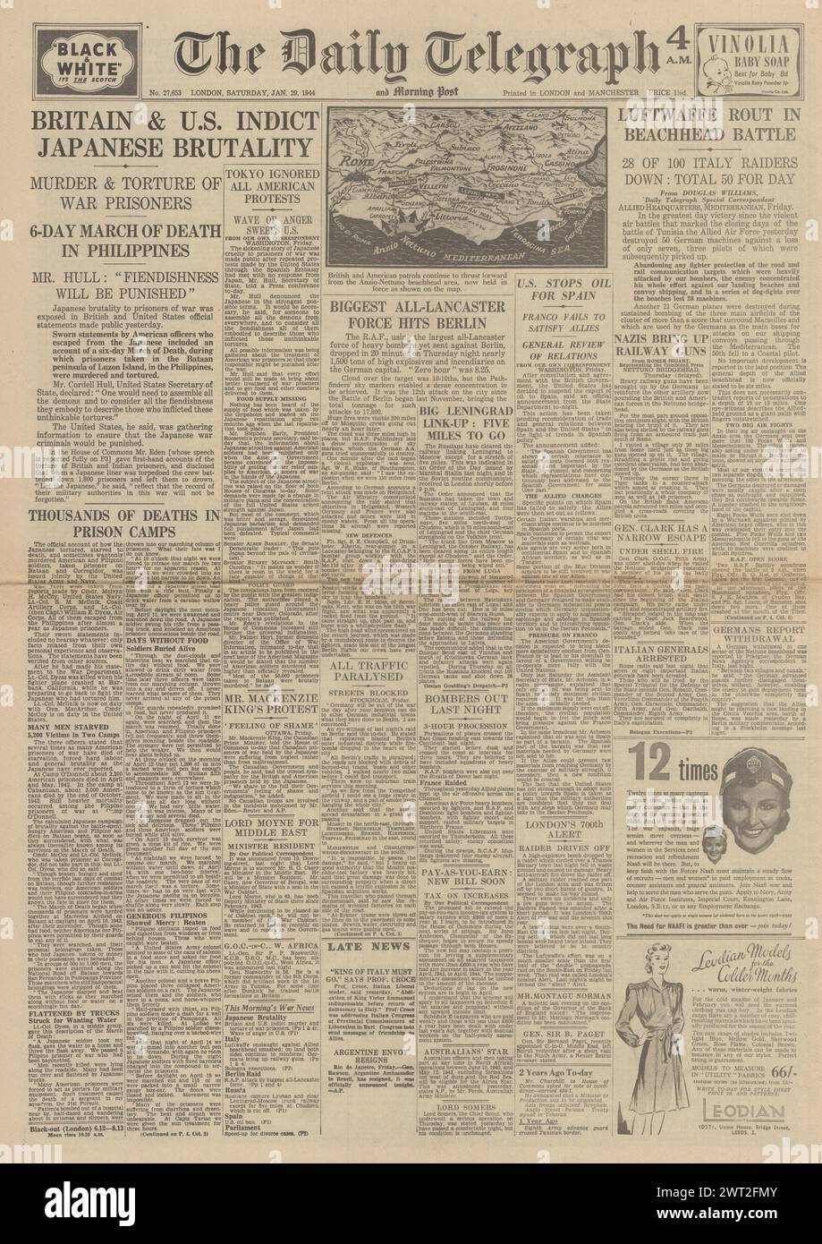 1944 The Daily Telegraph front page reporting Battle for Italy, Red Army capture Leningrad Moscow rail line and Japanese atrocities Stock Photo