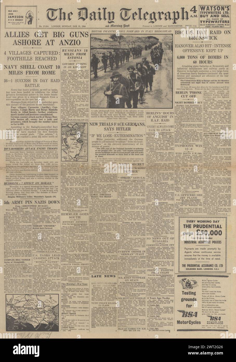 1944 Daily Telegraph front page reporting Allied landings at Anzio and US Air Force bomb Braunschweig Stock Photo