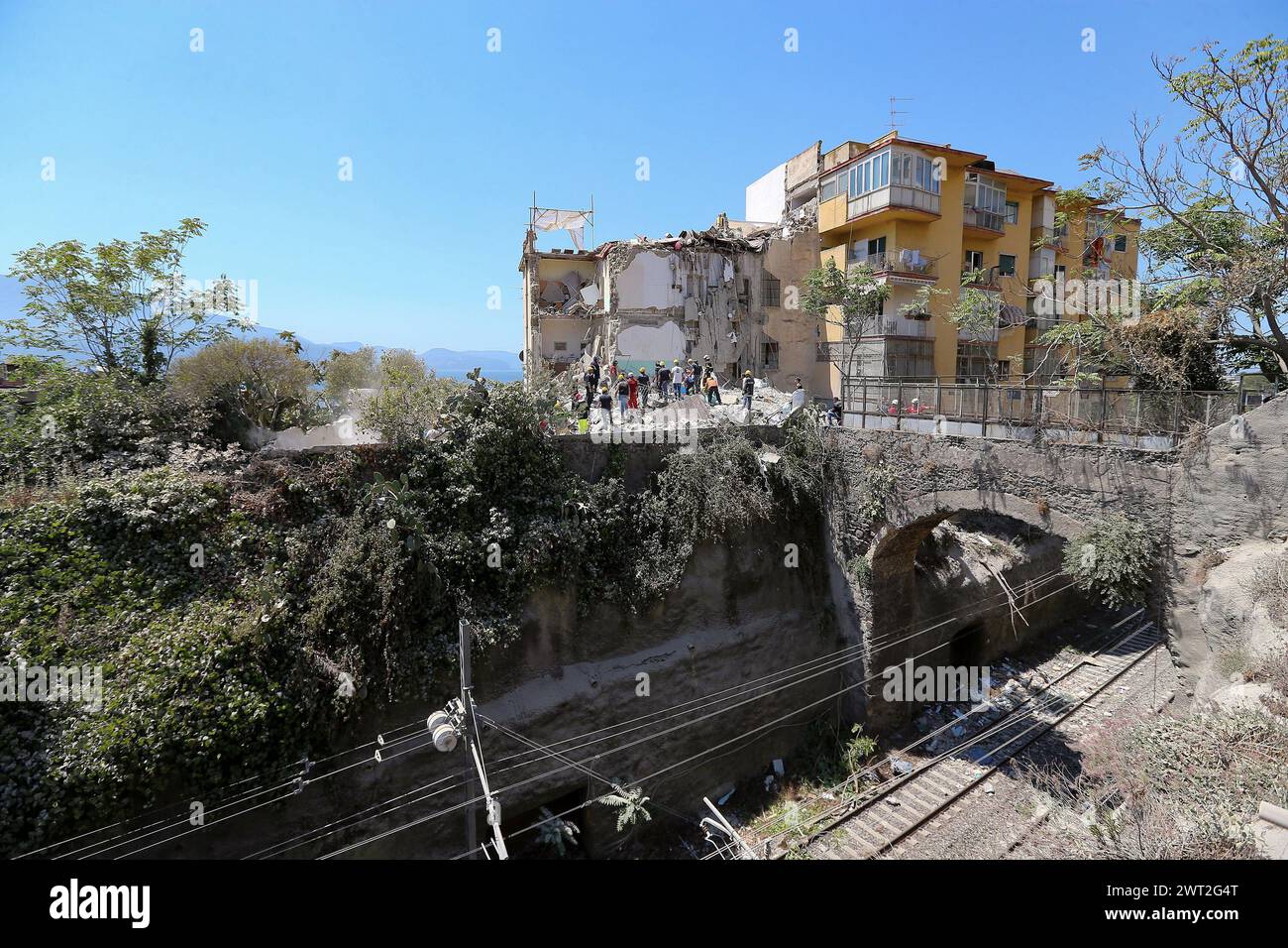 A view of the collapsed building in Torre Annunziata. 8 people died under the rubble. Stock Photo