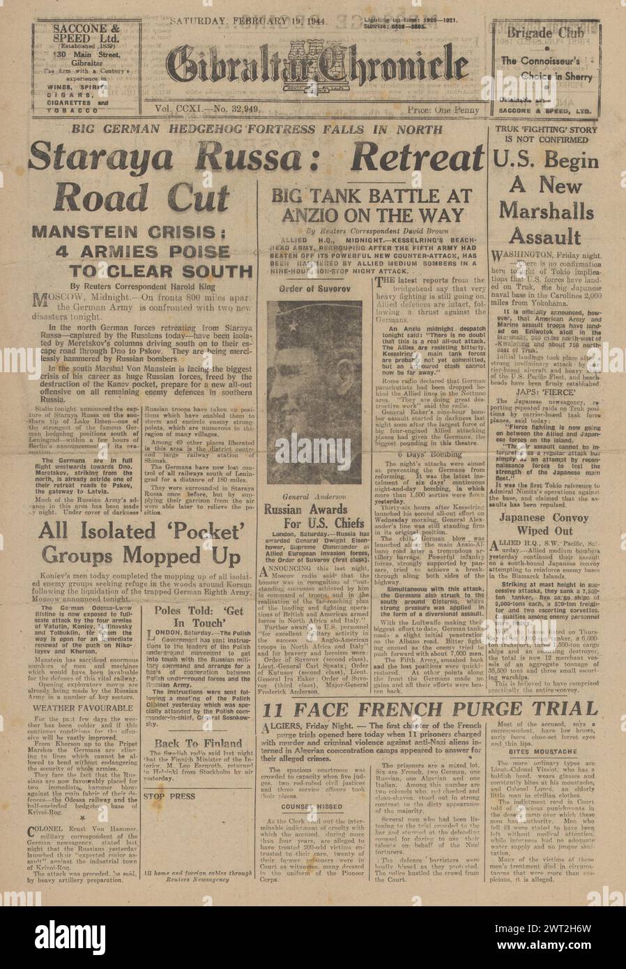 1944 Gibraltar Chronicle front page reporting Allies advance on Cassino, Red Army capture Staraya Russa and US assault on Marshall Islands Stock Photo