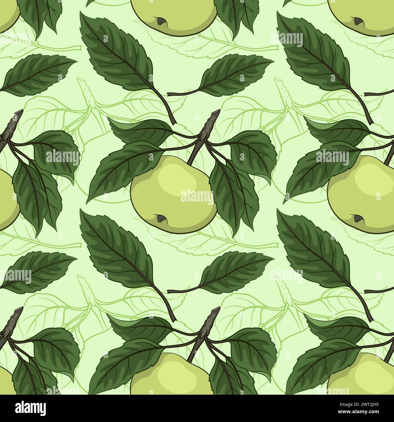 Seamless Background, Fruit Apple with Leaves and Contours, Tile Pattern. Vector Stock Vector